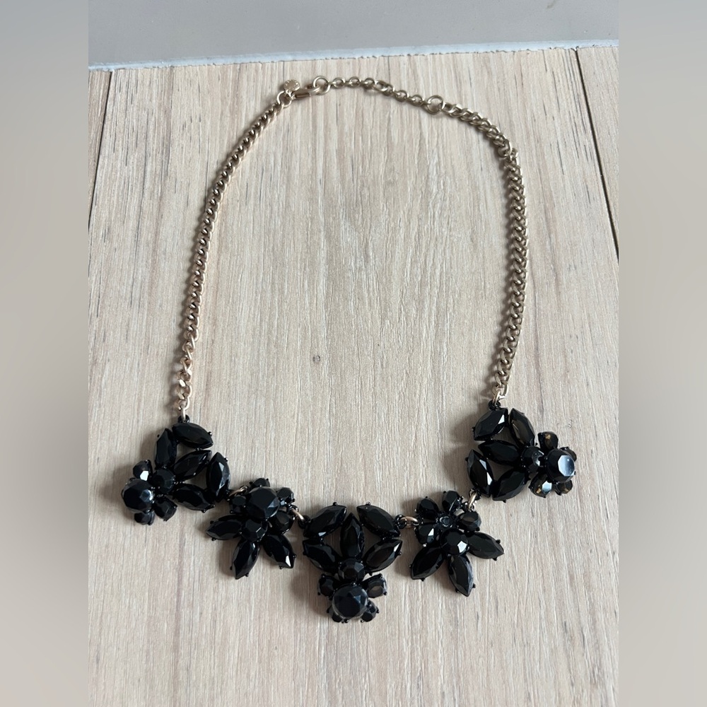 J Crew Signed Black Resin Stone Collage Cluster Gold Chain Link Enamel Necklace